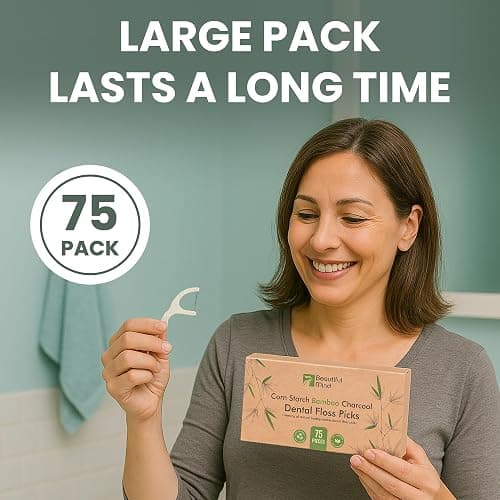 Natural Dental Floss Picks 75 Pack – Organic Biodegradable Floss Sticks with Strong Bamboo Charcoal Thread & Vegan Cornstarch Handle – No Plastics, No Artificial Flavours - Kraft Paper Box thumbnail 8
