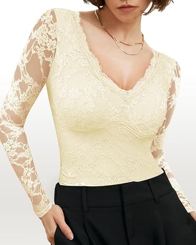 SAUNGKUAI Women's V Neck Lace Bodysuit Long Sleeve Bodysuits Double Lined Going Out Tops Y2K Trendy Thong Outfits thumbnail 3
