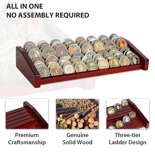 DecoWoodo Challenge Coin Holder Display Case - 2 Tiers Solid Wood Military Coin Rack for 60-70 Coins, Army Coin Stand for Desk Display, Mahogany thumbnail 4