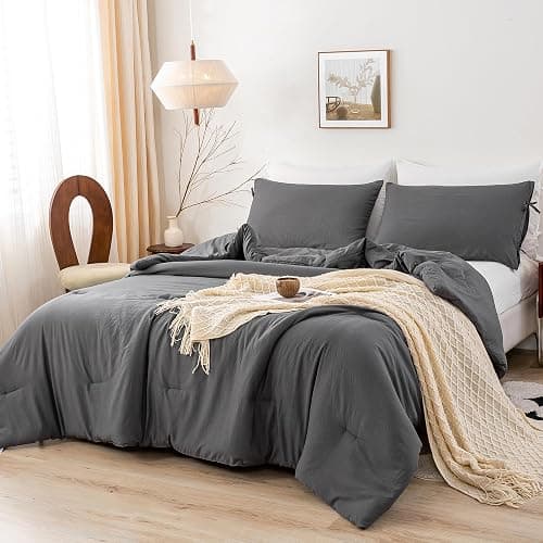 BOHOPOPM Ultra-Soft Cozy Polycotton Bedding Comforter Queen Set - Comfy Fluffy Down Alternative Comforter Queen Size with 2 Pillow Case - Lightweight but Warm Bed Blanket All Season - Dark Gray - Image 1