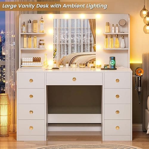 White Vanity Desk With Mirror and LED Lights, 3 Colors Adjustable, Large Makeup Vanity Desk with Power Strip and Hairdryer Holder, 9 Drawers & 6 Shelves Modern Dressing Table for Women, Bedroom thumbnail 8