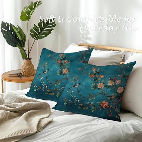 WDSFHYJK Teal Chinoiserie Floral Bird Pillow Covers 18x18 Set of 2, Cottagecore Room Decor, Rustic Farmhouse Flower Bird Decorative Throw Pillow Covers Pillowcases for Living Room Home Bedroom thumbnail 6