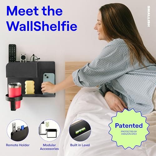 WallShelfie Bedside Wall Organizer - Room Decor, Dorm Room Essential, Floating Bedside Shelf Wall Mount, Makeup Organizer, Remote Control Holder, Room Accessories, Floating Shelves (Black) thumbnail 2