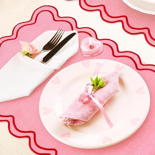 Whaline Pink Red Placemats Embroidered Scalloped Kitchen Place Mats for Wedding Baby Shower Party Home Dining Table Decor, Set of 6, 13 x 19 in thumbnail 6
