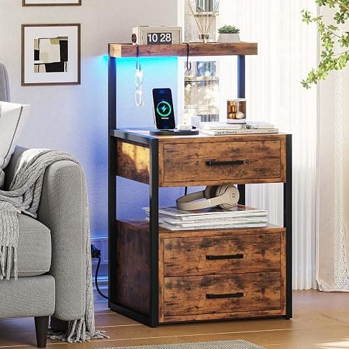 Nightstand with Charging Station and LED Lights, LED Night Stand with 2 USB Ports and 2 AC Outlets, Modern End Table with 3 Drawers, Bedside Table with Open Storage for Bedroom, Rustic Brown thumbnail 8