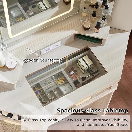 Lerliuo Corner Vanity Desk with 3 Way Mirror and Lights, 46'' Rattan Makeup Vanity with Glass Top Drawer, Boho White Make Up Storage Cabinets with Charger for Bedroom thumbnail 4