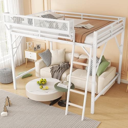 KEIKI Full Size Metal Loft Bed Frame with Ladder and Built-in Storage Shelves, for Teens, Modern Style Loft Bed with Solid Slats, Guardrail, No Box Spring Required, Easy Assembly, for Bedroom, White thumbnail 3