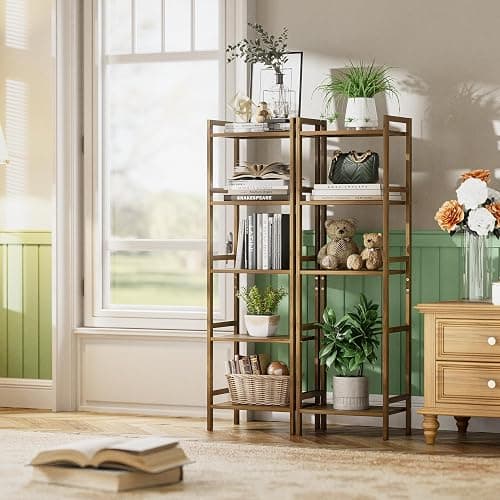 HITNET Bamboo Book Shelf, Tall Narrow Bookcase, Bathroom Shelving Unit 5 Tier Floor Standing Adjustable Bookshelf for Small Spaces, Walnut thumbnail 2