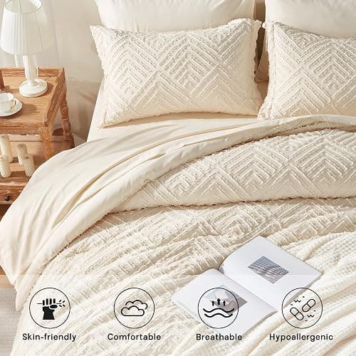 Zzlpp Queen Comforter Set 7 Pieces, Cream Tufted Bed in a Bag with Comforter and Sheets, All Season Boho Bedding Sets with 1 Comforter, 2 Pillow Shams, 2 Pillowcases, 1 Flat Sheet, 1 Fitted Sheet thumbnail 3