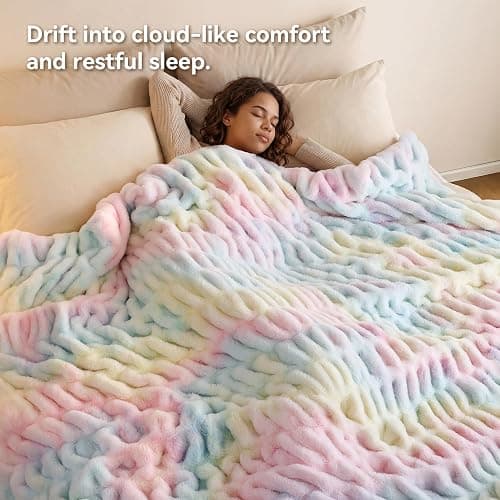 Smoofy Rainbow Throw Blanket for Couch – Luxury Faux Rabbit Fur Blanket, Ultra Soft Fluffy Plush Fuzzy, Lightweight Warm Cozy Blanket for Bed Sofa, Colorful Aesthetic Room Decor Gift for Women 50"x60" thumbnail 4