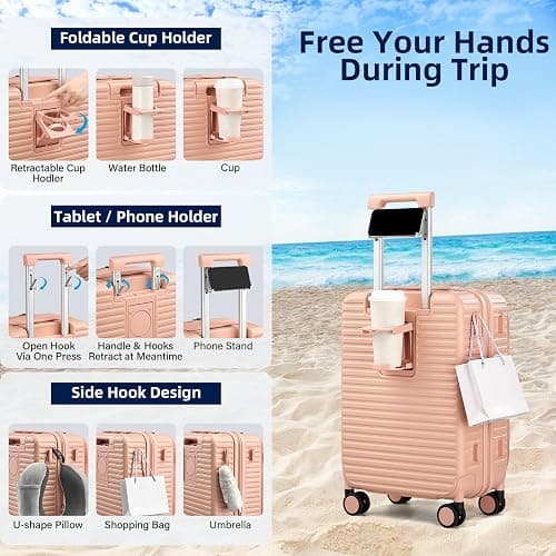 HanTrip 20 Inch Carry on Luggage 22x14x9 Airline Approved Hard Shell Suitcases with Wheels, Top Opening Expandable Carry on Luggage with Cup Holder Small Rolling Suitcase with Lock, Pink thumbnail 4