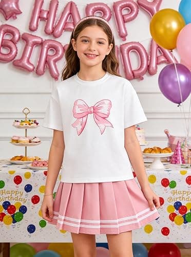 Ecolala Girls 2 Piece Summer Outfits Cute Graphic Short Sleeve Tops and Pleated Skirt Set thumbnail 4