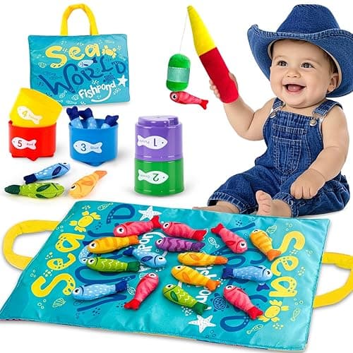 Wedopro Montessori Toys for 1-Year-Old Boy Girl: Cloth Fishing Game with Stacking Cups for Toddlers Learning Color Sorting & Counting Home Educational Toys for 12-18 Months Baby Birthday
