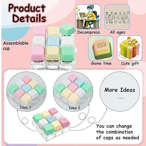Keyboard Fidget Toy, Keyboard Fidget Keychain 9-in-1 Keyboard Decompression Button Finger Clicker Toys Stress Relief Fidget Gifts (5 Colors- Green Yellow Pink White Blue) thumbnail 4