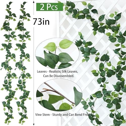Mizii 2 Strands Artificial Scindaps Vines Garland 73" Fake Vine with Silk Green Leaves Faux Evergreen Hanging Plants Greenery Decoration for Party Wedding Bedroom Home Wall Room Decor (Scindapsus) thumbnail 3