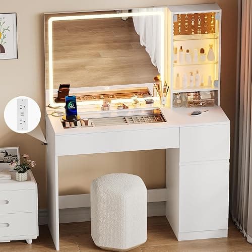 wanan Vanity with Glass Top, White Vanity Desk with Mirror and Lights, Jewelry Storage, Power Outlet, 3 Adjustable Lighting Modes, Makeup Vanity with 2 Drawers for Bedroom - Image 1