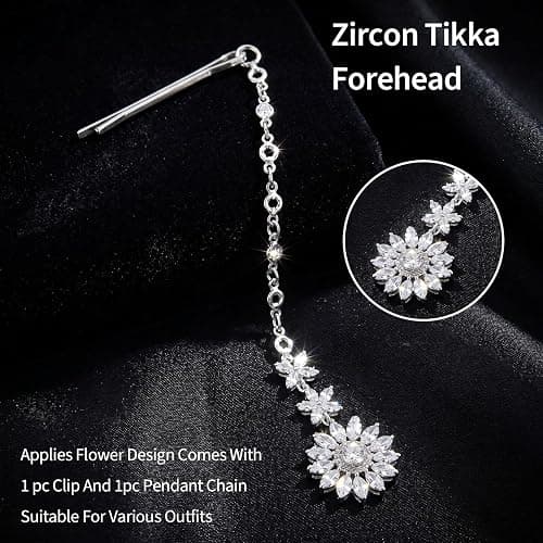 Yolev Indian Head Jewelry, Flower Headpiece Jewelry, Forehead Jewelry Chain | Pendant Rhinestone,Prom Zircon Flower,Boho Indian,Silver,forehead jewelry for women,Bride Wedding Headbands, Festival Head thumbnail 7