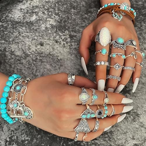 IFKM Bohemian Jewelry Set With Turquoise Necklace, Dangle Earrings, Stackable Bangle Bracelets, Knuckle Rings For Women Vintage Western Boho Turquoise Anniversary Birthday Friendship Gift thumbnail 5