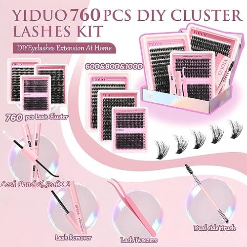 YIDUO Lash Clusters Kit with 2X Bond&Seal 3 Styles 760Pcs Clusters Lashes Extension Volume Soft Eyelash Extension Kit 80D+100D D Curl Wispy Natural DIY Individual Lash Clusters Kit Box for Beginners thumbnail 7