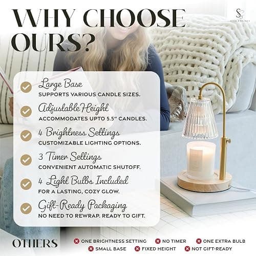 STERN & SPLENDID Adjustable Wood Candle Warmer Lamp for Jar Candles – Large Round Base, Dimmable Electric Candle Melter with Timer, Flameless Candle Heating Lamp with 4 Halogen Light Bulbs thumbnail 6