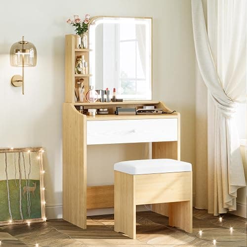 LIKIMIO Small Makeup Vanity Desk with Mirror and Lights, Vanity Table Set with Storage Drawer, Chair and Three Shelves, Bedroom, Wood thumbnail 7