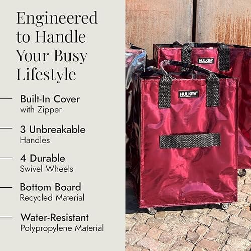 (Medium, Cosmic Red) Reusable Grocery Bag On Wheels, Shopping Trolley, Rolling Tote, Zipper Closure, Lightweight, Carries Up to 66 lb, Folds Flat, Unbreakable Handles thumbnail 2