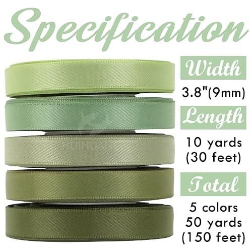 HUIHUANG Sage Green Assorted Satin Ribbon 3/8 inch x 50 Yards - 5 Colors, Perfect for Wedding Decor, Gift Wrapping, Crafts & More thumbnail 5