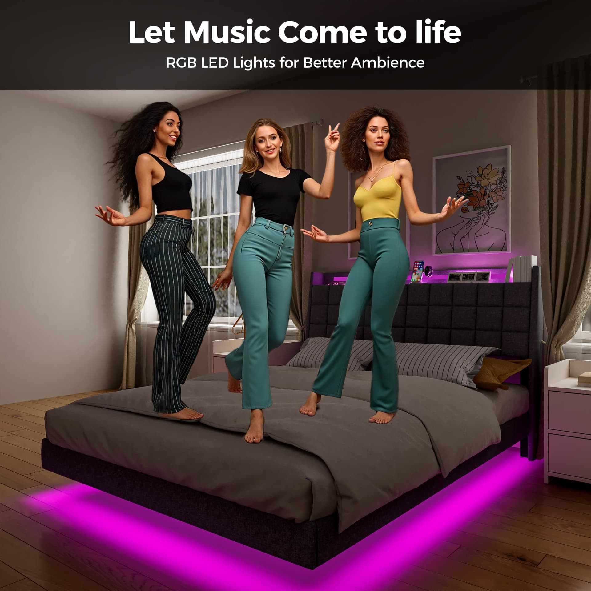 Advwin Queen Floating Bed Frame with LED Lights and Storage Headboard, Upholstered Platform Bed with Hidden Storage, No Box Spring Needed, Dark Grey thumbnail 7