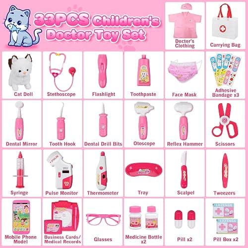 33Pcs Pet Doctor Kit for Toddlers - Dress Up Costume & Pretend Doctor Play Set with Cat Toy, Stethoscope, Portable Pet Vet Roleplay Toy, Christmas Birthday Gifts for Ages 3 4 5 6-8 Year Old Boys Girls thumbnail 4