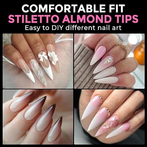 UNA GELLA Long Stiletto Gel Nail Tips: 216pcs Halloween Stiletto Almond Fake Nails Pre-Shape Long Almond Press Ons for Full Cover Acrylic French False Nails for Nail Extension DIY Salon 12 Sizes thumbnail 2