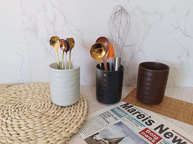 TOPYOKK Stoneware Coffee Bar Utensil Holder Tea & Coffee Spoon & Stirrer Holder for Stir Stick Straw Teaspoon Holder Spoon Cup Small Utensil Jar (White) thumbnail 4