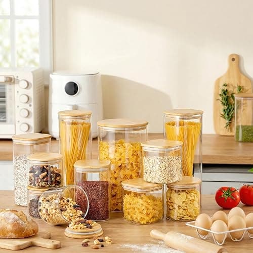 HomArtist Square Glass Jars with Bamboo Lids 79 FL OZ [Set of 3], Glass Canisters with Airtight Lid, Glass Food Storage Containers for Spaghetti, Fettuccine, Linguine,Pasta, Best for Kitchen & Pantry thumbnail 6