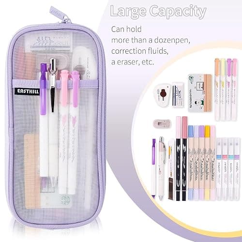 EASTHILL Grid Mesh Pen Pencil Case with Zipper Clear Makeup Color Pouch Cosmetics Bag Multi-Purpose Travel School Teen Girls Transparent Stationary Bag Office Organizer Box for Adluts(Purple) thumbnail 3