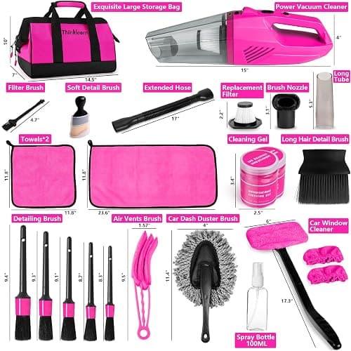 ThinkLearn Car Cleaning Kit, Car Vacuum Detailing Kit Interior with High Power Handheld Vacuum, Including 7Pcs Detailing Brush Set, Windshield Cleaner, Pink Car Accessories for Women thumbnail 7