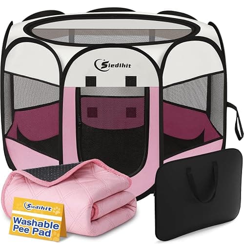 Siedihit Dog Cat Playpen, Puppy Pet Playpen Indoor for Small Dog Crate Tent Cage Outdoor, Portable Pop Up Dogs Enclosure Kennel with Carrying Case for Dogs/Cats/Rabbits(Pink, Small with pad) - Image 1