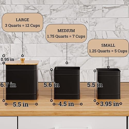Kitchen Canisters for Countertop Set of 3 with Customizable Chalkboard Labels & Marker Pen - Big Iron Kitchen Canisters with Airtight Lids - Black Canister Set - Flour and Sugar Containers Farmhouse thumbnail 2