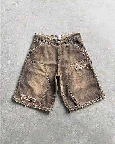Wide-leg pants，Fashion clothes, Letter Print Baggy Denim Shorts Mens Vintage Zip Up Wide Leg Shorts Fashion Jorts Men Clothing - Image 1