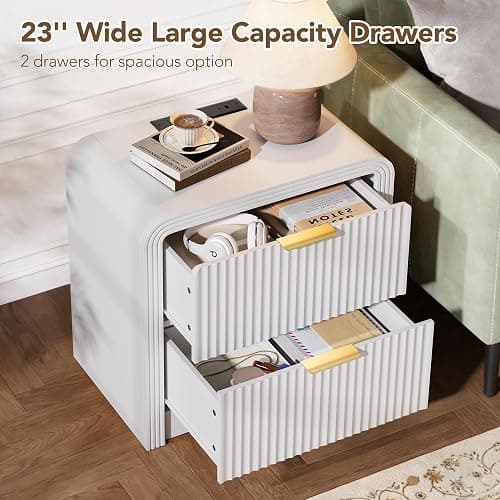 Decofy 23'' Wide Fluted Nightstand with 2 Large Drawers & Charging Station | Mordern Night Stand with Curved Corners & Metal Handle, Wood End Table for Bedroom, White thumbnail 4