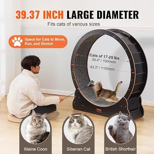 VEVOR Cat Exercise Wheel, 43.3" Large Cat Treadmill for Indoor Pets, Running Wheel with Detachable Carpet & Cats Teaser Toy for Running/Walking/Training, Suitable for Most Cats Black thumbnail 4