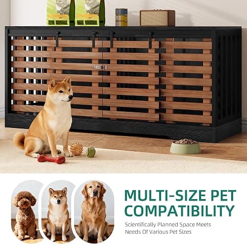 YITAHOME 71 Inch Dog Crate TV Stand for 2 Dogs w Sliding Door, Heavy Duty Chew-Resistant Cage Furniture for Medium Large Dogs, Wooden Indoor Double Dog Kennel Decorative for Living Room, Black Walnut thumbnail 6