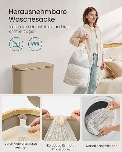 SONGMICS Wäschekorb mit Deckel, Wäschesammler mit 2 Fächern, 130 L, herausnehmbarer Wäschesack, Oxford-Gewebe, Griffe aus Bambus, zusammenklappbar, 52 x 38,5 x 70,5 cm, kamelbraun LCB513LJ01 thumbnail 6