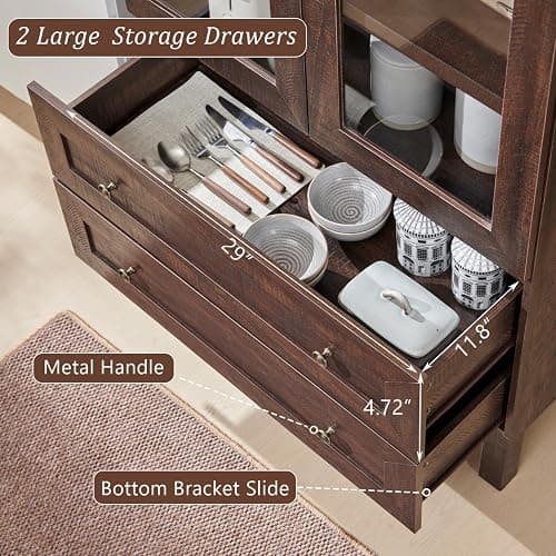 IFGET 71" Tall Arched Kitchen Pantry Cabinet, Wood Kitchens Storage Cabinets with 2 Large Drawers and Adjustable Shelves, Modern Farmhouse Versatile Cupboard for Kitchen, Dining Room, Bathroom, Brown - 1 - Brown thumbnail 5