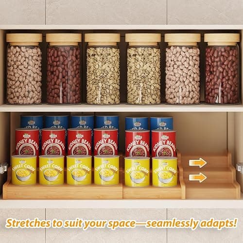 Expandable Bamboo Can Rack Organizer for Pantry, 3-Tier Adjustable Can Storage Holder, Soda Organizer Holds Up to 24 Cans, Canned goods Storage Display for Pantry, Cabinet, Countertop (patent pending) thumbnail 4