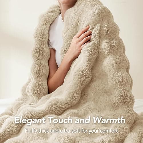 L'AGRATY Faux Rabbit Fur Blanket: 50" x 60" Luxury Soft Fluffy Thick Fur Throw Blanket for Couch Bed Sofa - Cozy Plush Bubble Blankets for Winter: Warm Flannel Fleece Decorative Blanket(Almond White) thumbnail 6