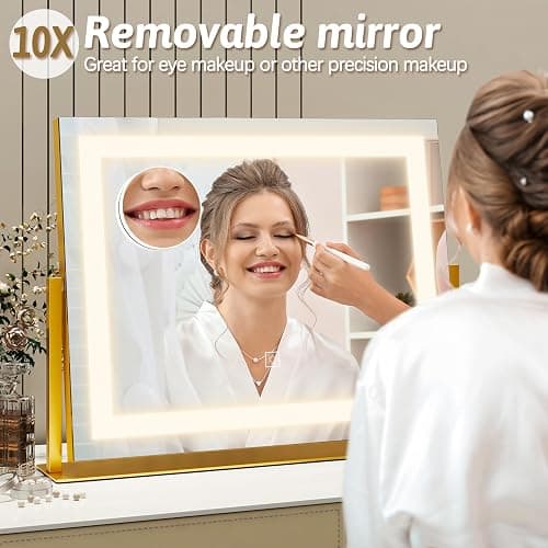 ROLOVE Vanity Mirror with Lights 22"x18", Lighted Makeup Mirror with 10X Magnification, Smart Touch 3 Colors Dimmable, 360° Rotation, Women Gift, Dresser Mount, Bathroom (Gold) thumbnail 6