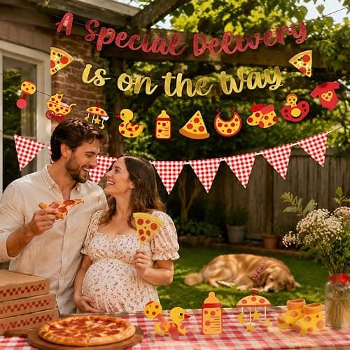 NOVBAUB Pizza Baby Shower Decorations Special Delivery is On The Way Banner | 4PCS Pizza Special Delivery Baby Shower Garland, Pre-Assembly, Gender Reveal Party Supplies, Fast Food Theme thumbnail 5