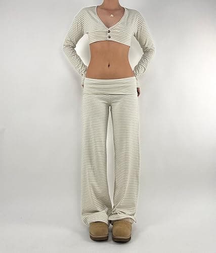 Women Y2k Foldover Pants Wide Leg Flare Sweatpants Low Rise Lounge Bottoms | Fold over Color Block Leggings, Cute Straight Leg Yoga Pj Pants thumbnail 3