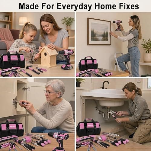 Bielmeier 20V 236Pcs Cordless Pink Drill Set for Women, Lady’s Essential Home Tool Kit with Pink Bag, Perfect DIY Electric Screwdriver Set for Home Repair & Gifts thumbnail 6