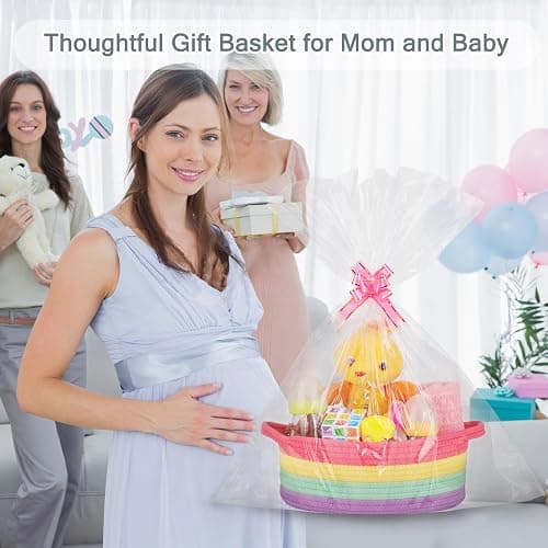 COMSE Small Woven Basket with Gift Bags and Ribbons, Gift Basket Empty, Cotton Rope Storage Organizer, Baby Toy Box with Handles, 12" x 8" x 5", Rainbow thumbnail 3