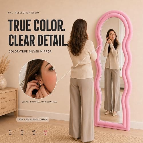 BOJOY Full Length Mirror 63"x24", Irregular Wavy Mirrors, Wave Arched Floor Mirror, Wall Mirror Standing Hanging or Leaning Against Wall for Bedroom, Flannel Wrapped Wooden Frame Mirror-Pink thumbnail 3